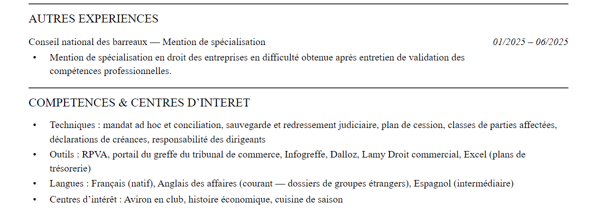 CV avocat en entreprises en difficulté (restructuring) : compétences et centres d’intérêt