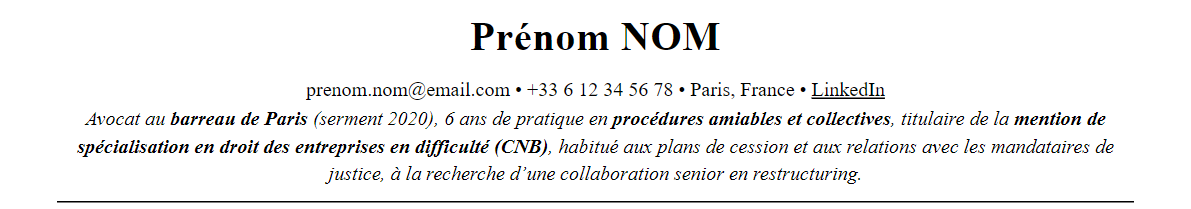 CV avocat en entreprises en difficulté (restructuring) : en-tête et accroche