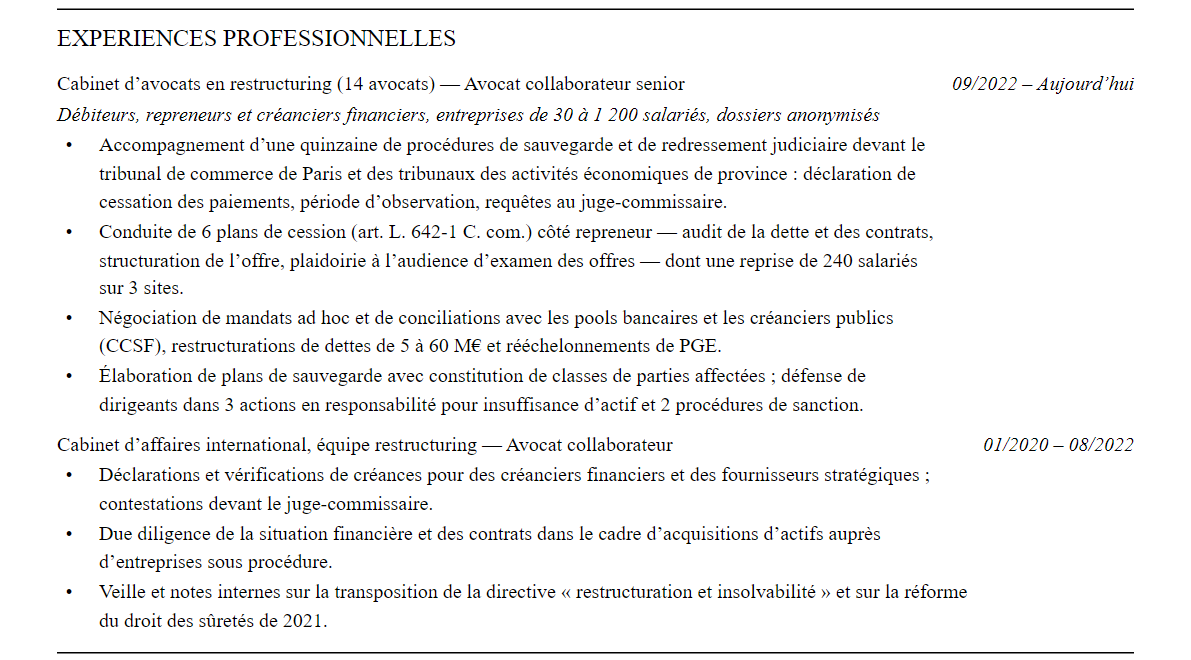 CV avocat en entreprises en difficulté (restructuring) : expériences
