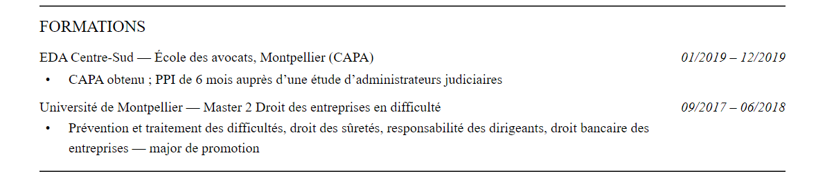CV avocat en entreprises en difficulté (restructuring) : formation