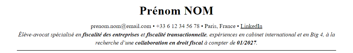 CV avocat fiscaliste : en-tête et accroche