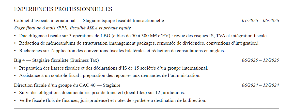 CV avocat fiscaliste : expériences