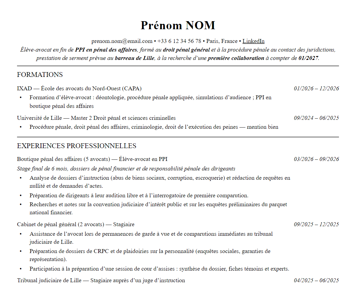 Aperçu : CV d’avocat pénaliste : pénal général et pénal des affaires