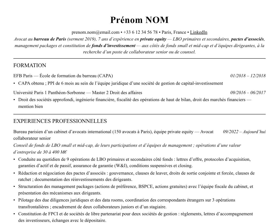 Aperçu : Exemple de CV Avocat en private equity