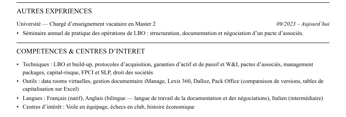 CV avocat en private equity : compétences et centres d’intérêt