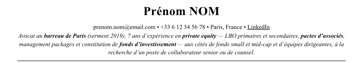 CV avocat en private equity : en-tête et accroche