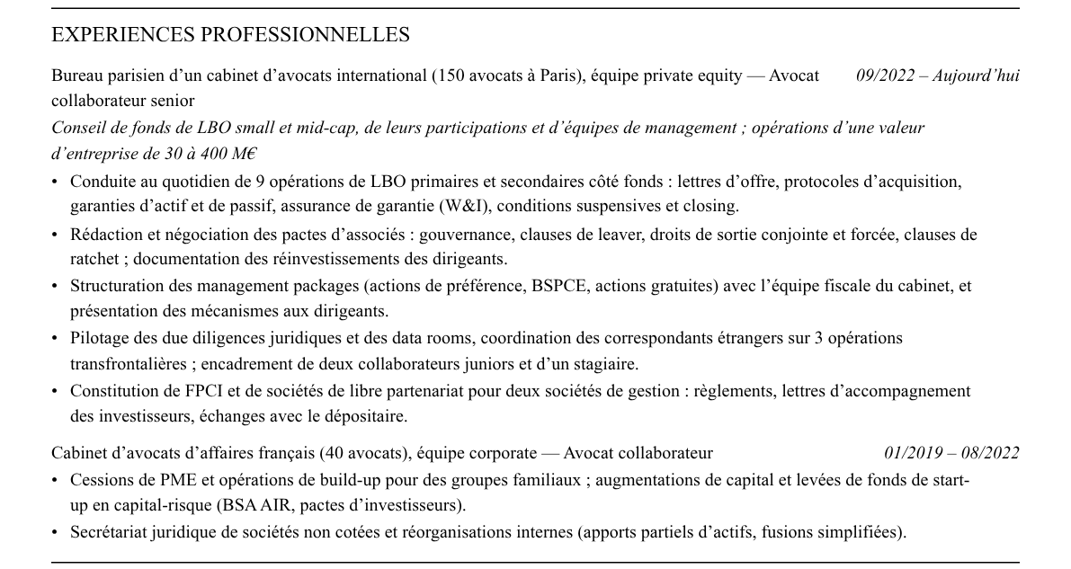 CV avocat en private equity : expériences