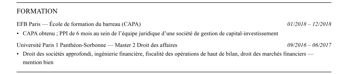 CV avocat en private equity : formation