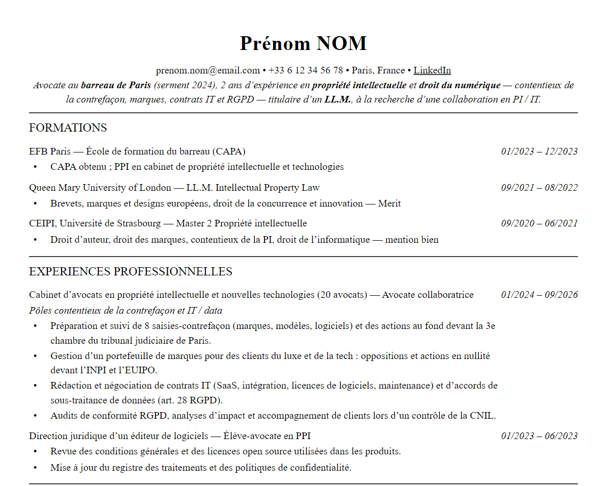Aperçu : CV d’avocat en propriété intellectuelle et droit du numérique