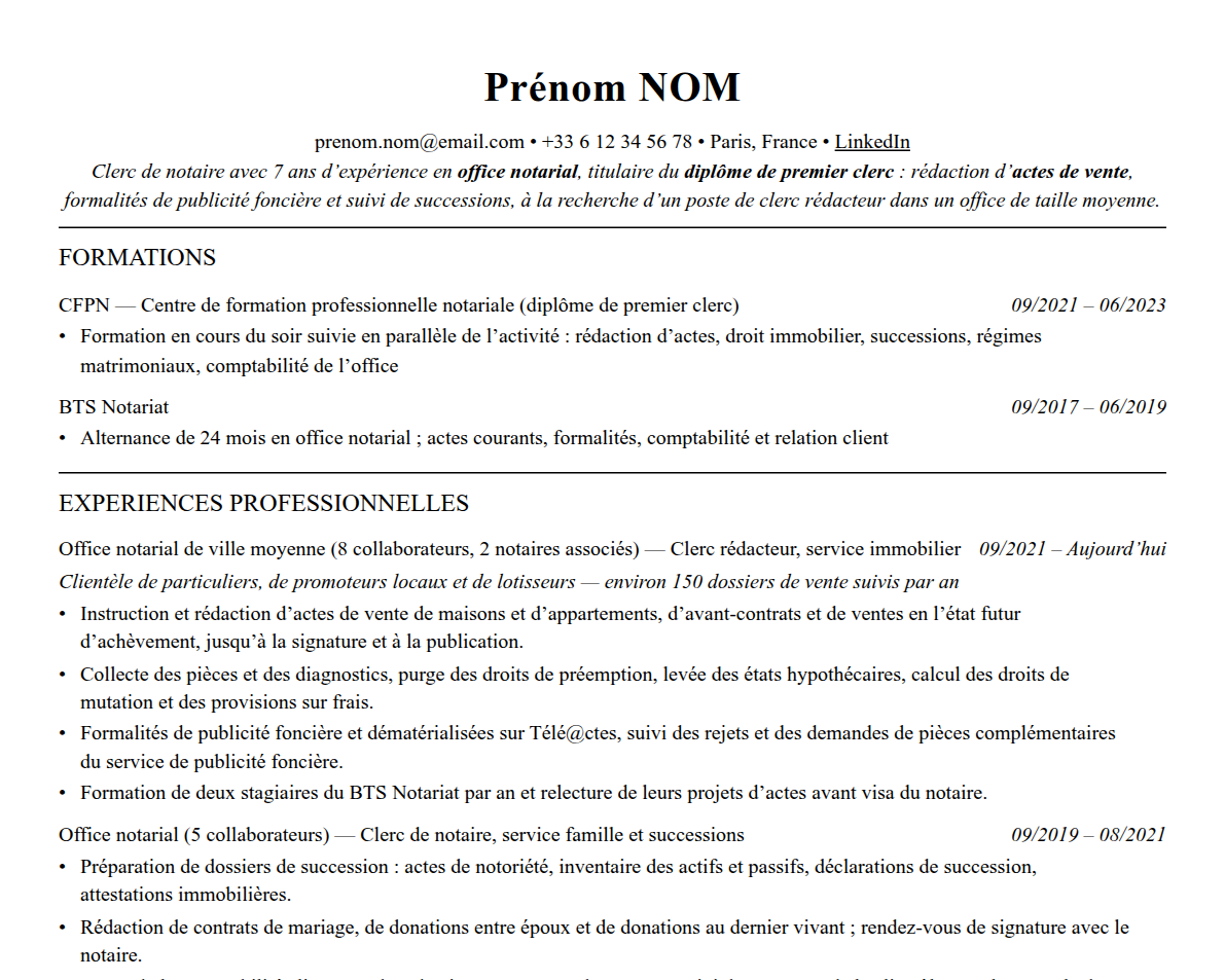 Aperçu : Exemple de CV Clerc de notaire