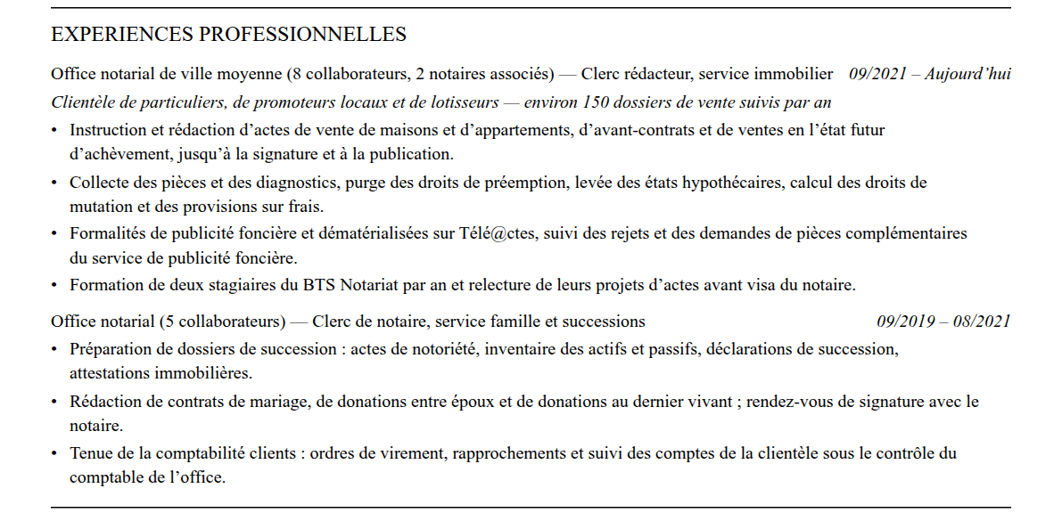 CV clerc de notaire : expériences