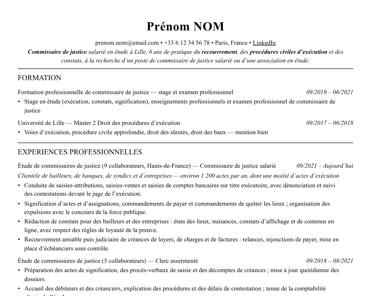 Aperçu : Exemple de CV Commissaire de justice