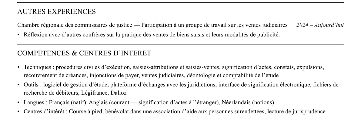 CV commissaire de justice : compétences et centres d’intérêt