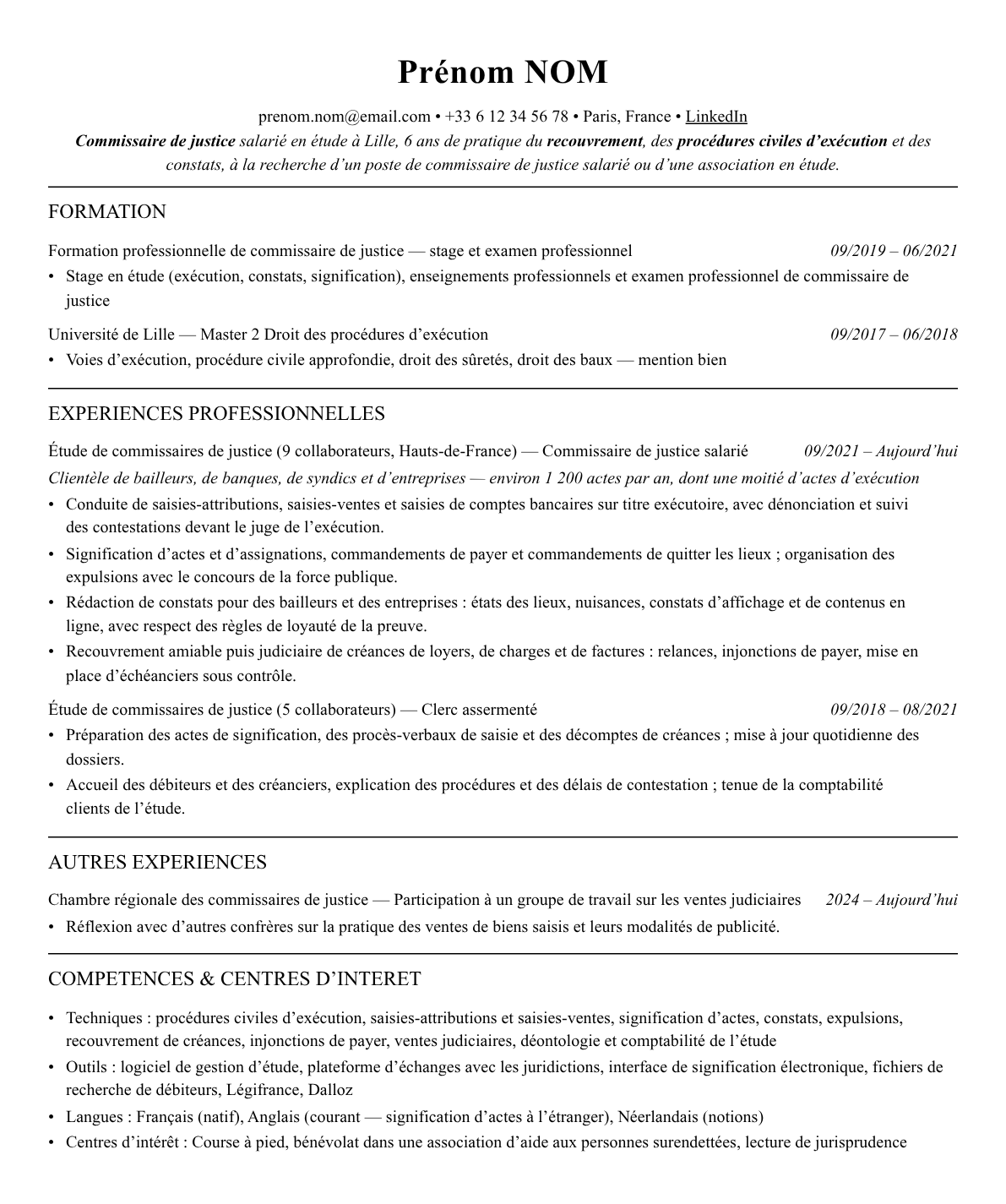 CV commissaire de justice complet sur une page