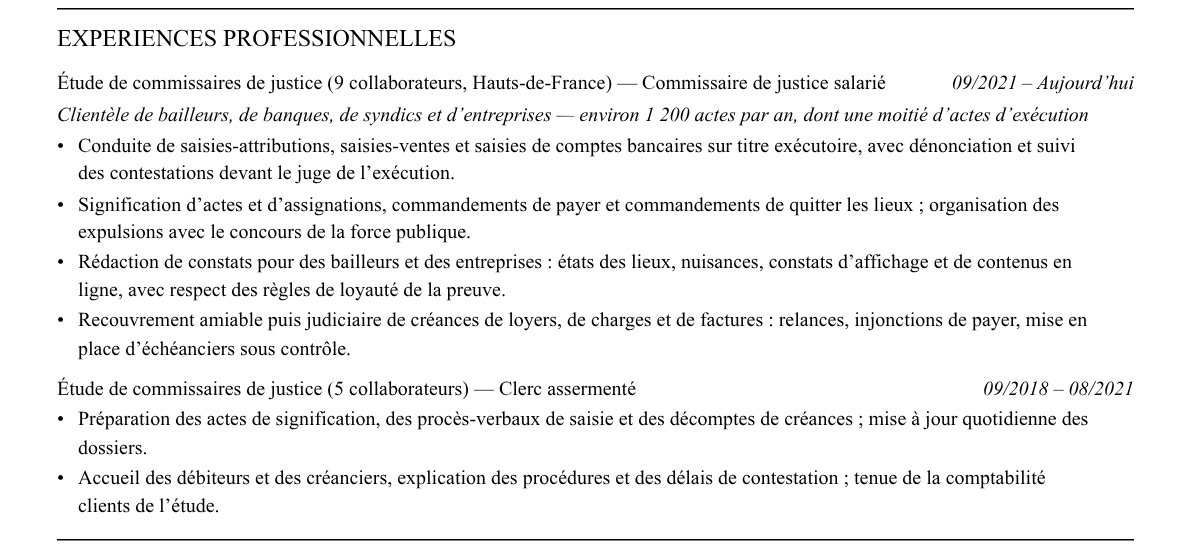 CV commissaire de justice : expériences