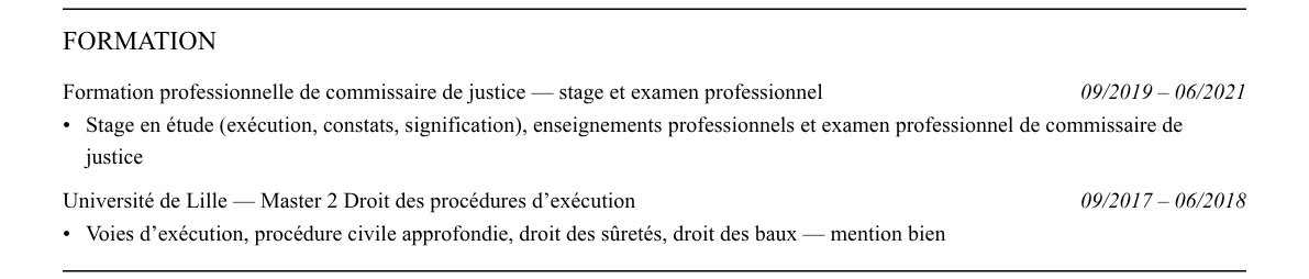 CV commissaire de justice : formation