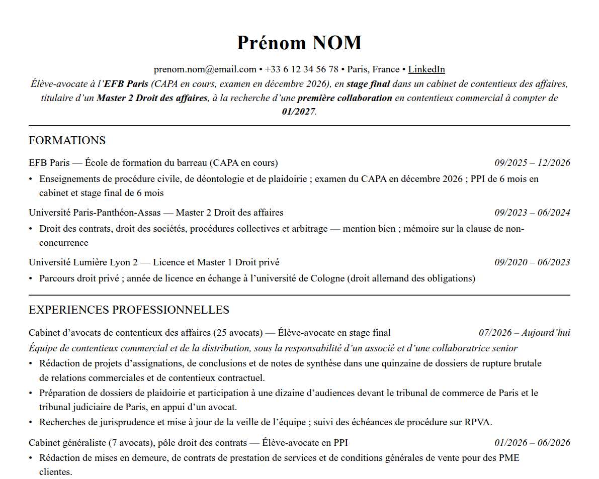Aperçu : Exemple de CV Élève-avocat
