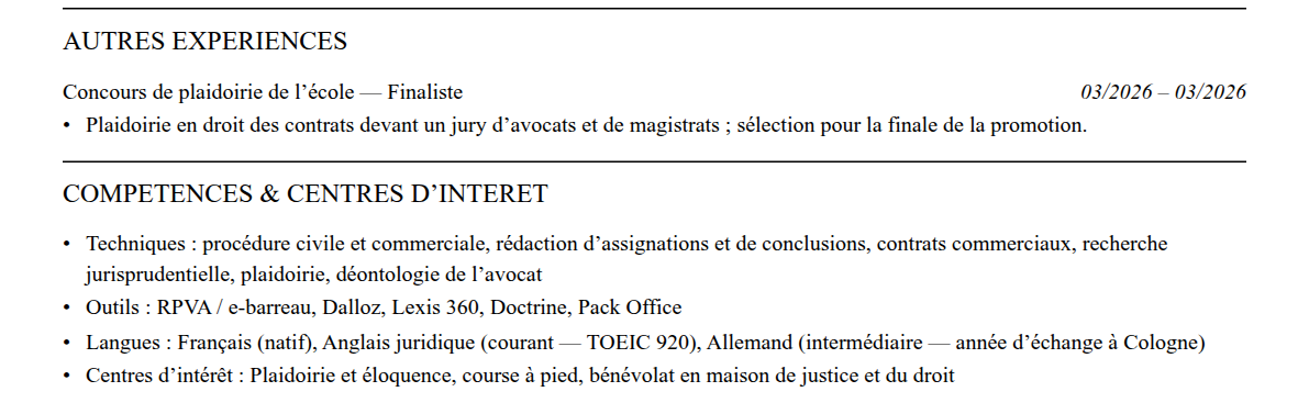 CV élève-avocat : compétences et centres d’intérêt