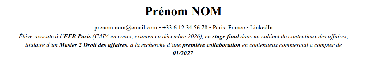 CV élève-avocat : en-tête et accroche