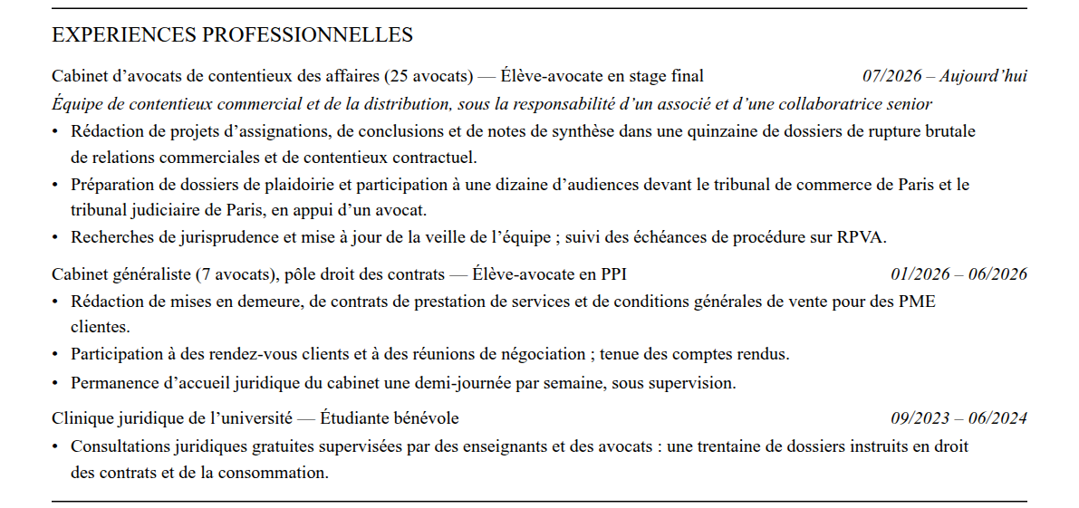 CV élève-avocat : expériences