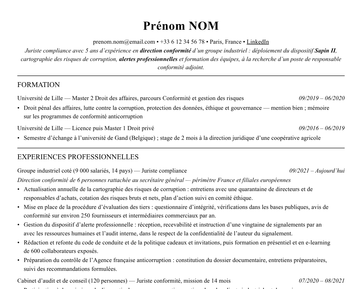 Aperçu : Exemple de CV Juriste compliance
