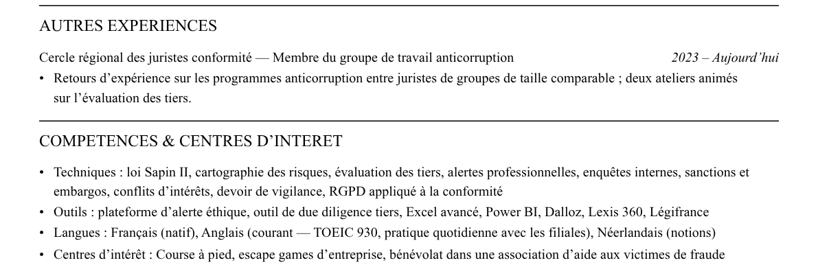 CV juriste compliance : compétences et centres d’intérêt