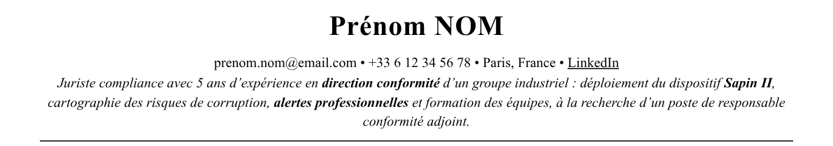CV juriste compliance : en-tête et accroche