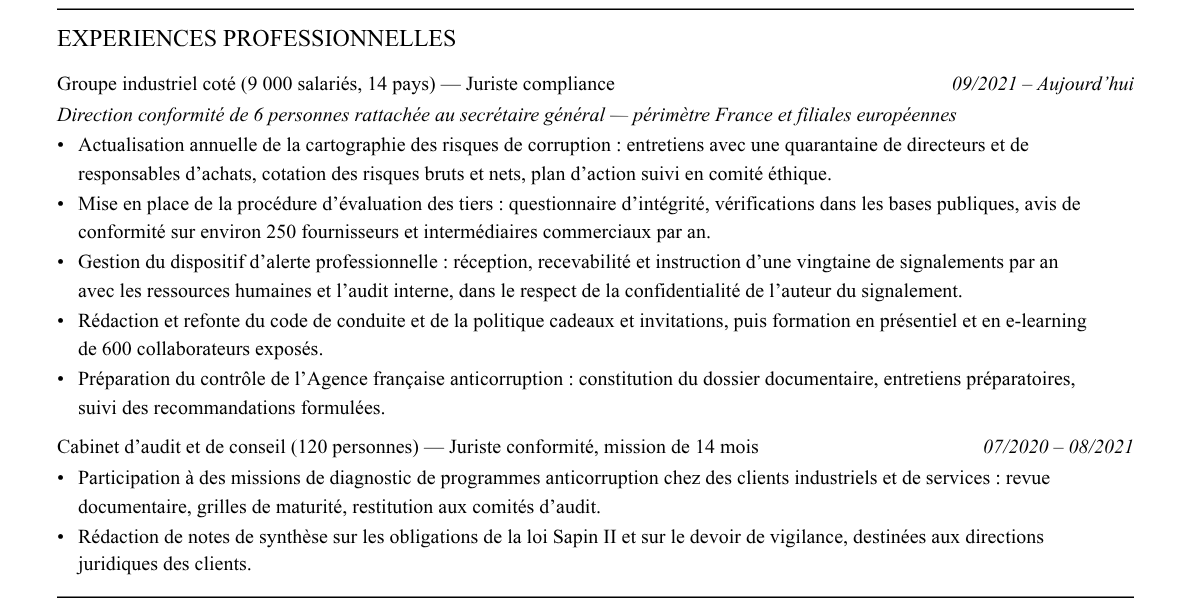 CV juriste compliance : expériences