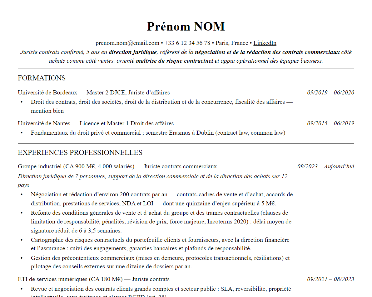 Aperçu : Exemple de CV Juriste contrats commerciaux