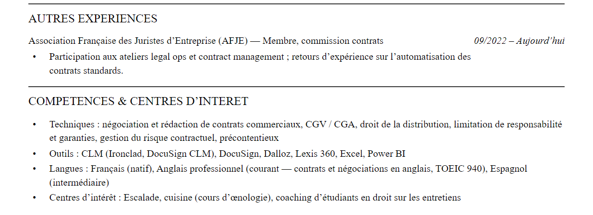 CV juriste contrats commerciaux : compétences et centres d’intérêt