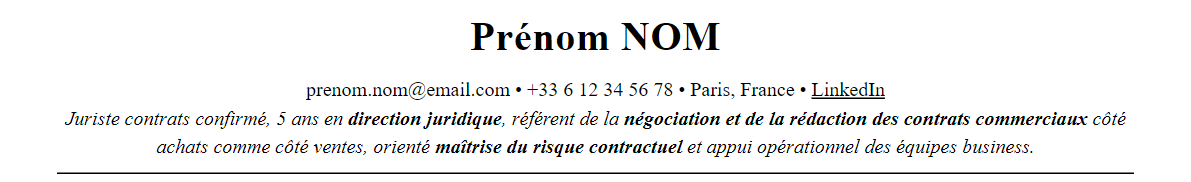 CV juriste contrats commerciaux : en-tête et accroche