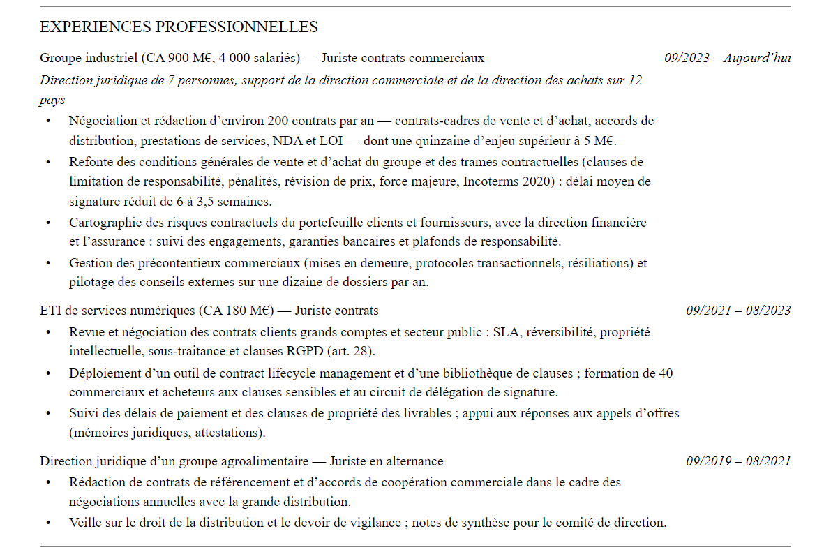 CV juriste contrats commerciaux : expériences