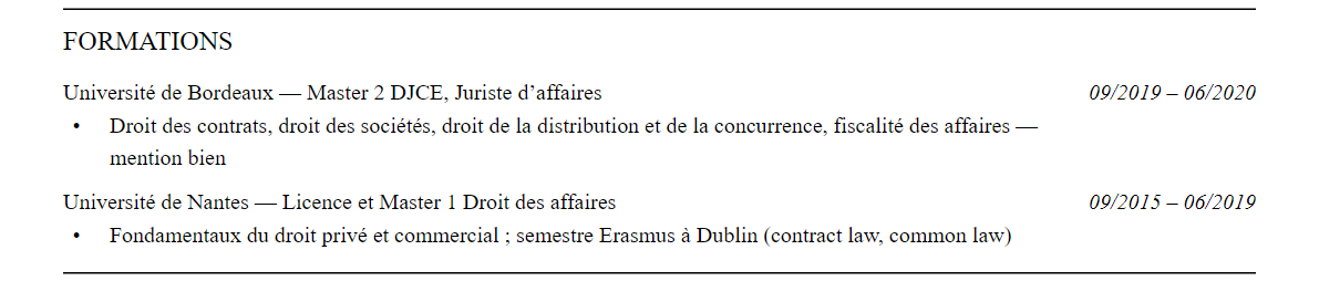 CV juriste contrats commerciaux : formation