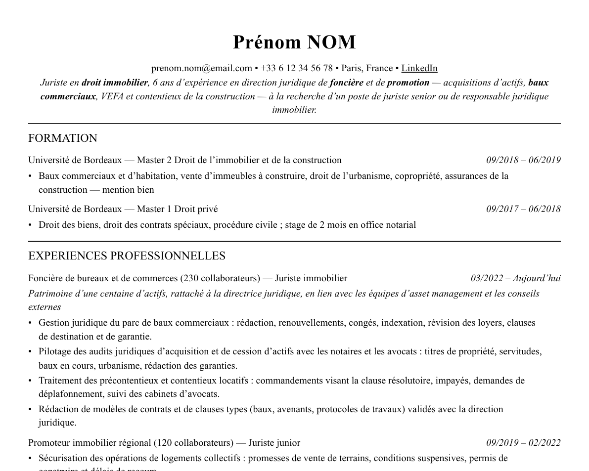 Aperçu : Exemple de CV Juriste en droit immobilier