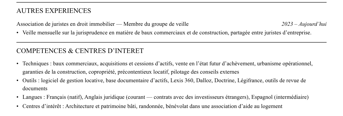 CV juriste en droit immobilier : compétences et centres d’intérêt