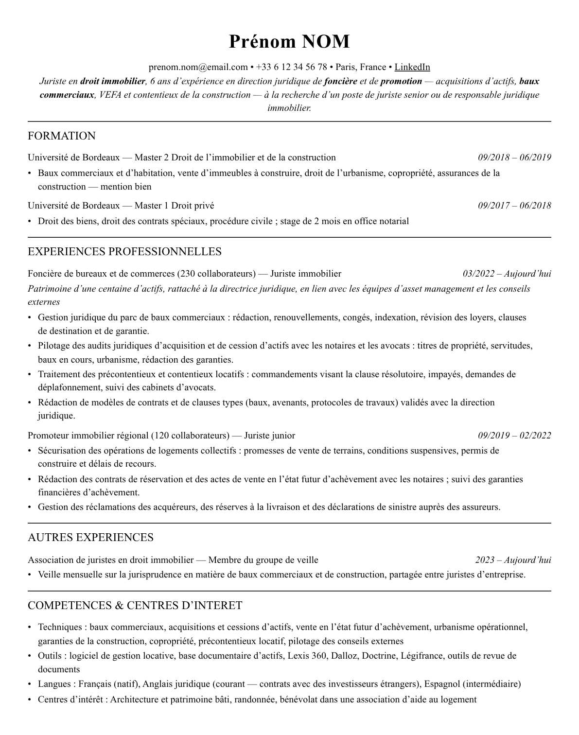 CV juriste en droit immobilier complet sur une page