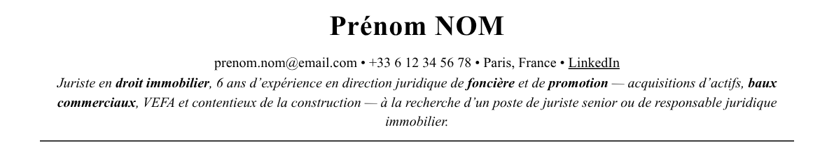 CV juriste en droit immobilier : en-tête et accroche