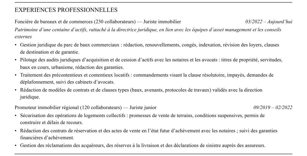 CV juriste en droit immobilier : expériences