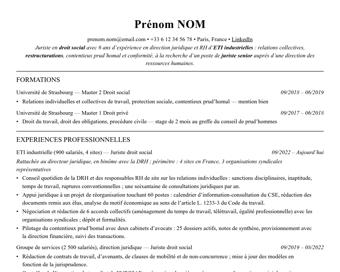 Aperçu : Exemple de CV Juriste en droit social