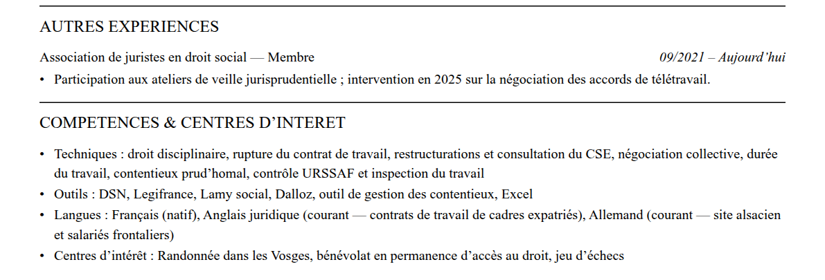 CV juriste en droit social : compétences et centres d’intérêt