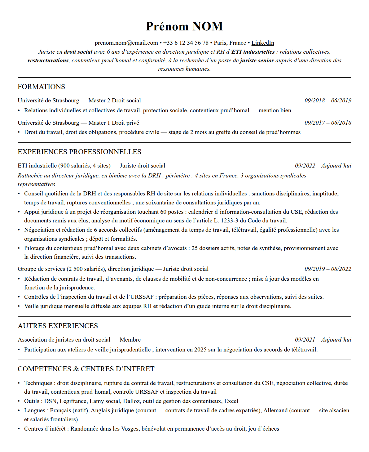 CV juriste en droit social complet sur une page
