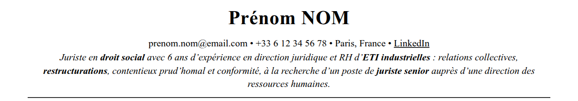 CV juriste en droit social : en-tête et accroche