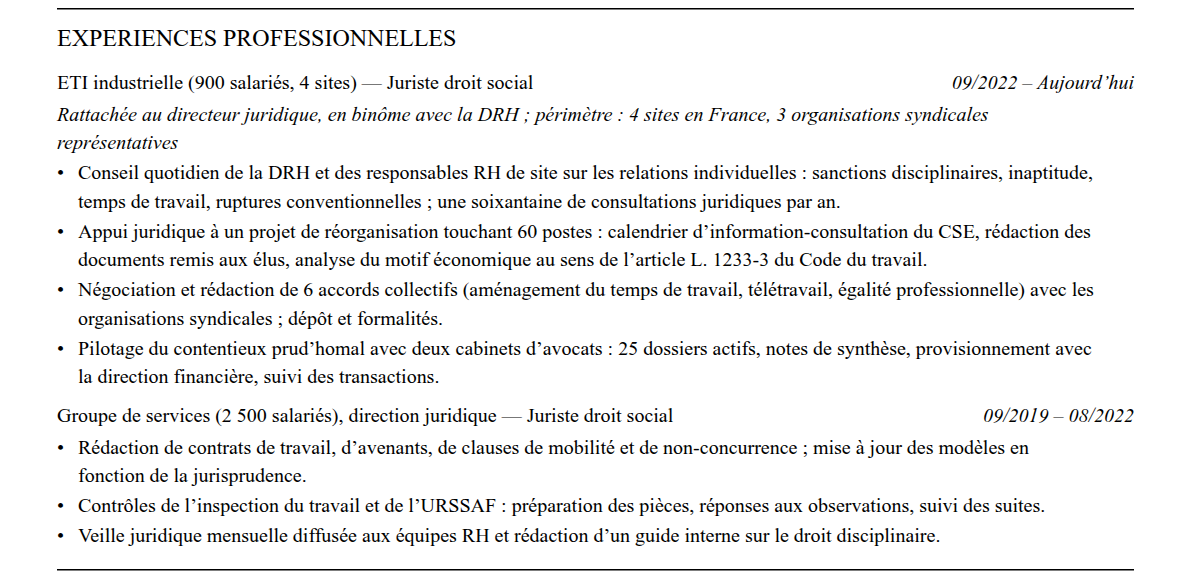 CV juriste en droit social : expériences