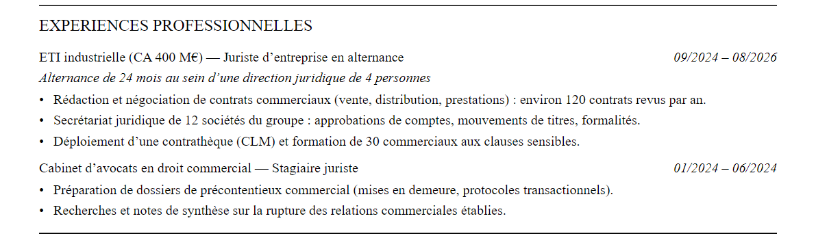 CV juriste d'entreprise : expériences