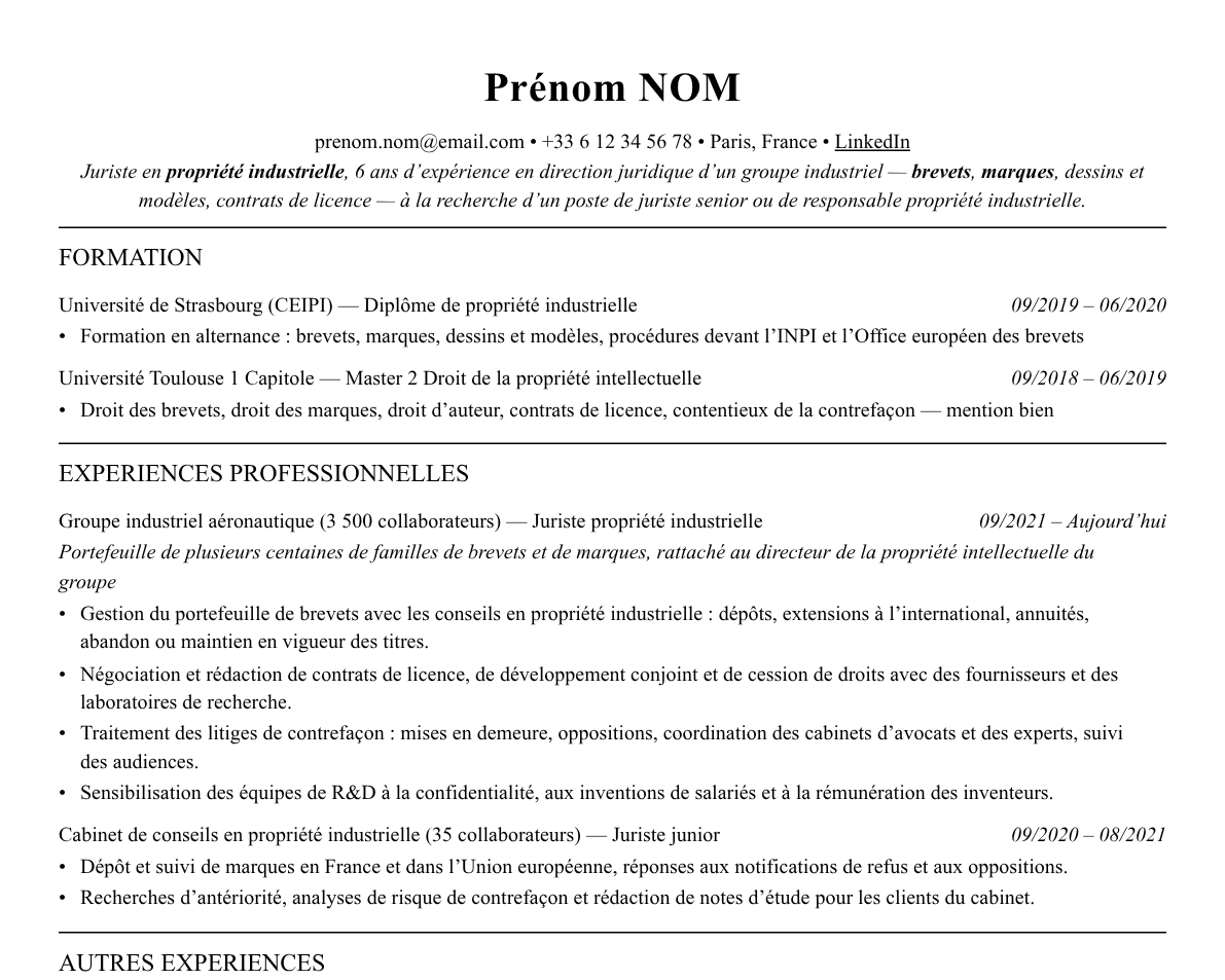 Aperçu : Exemple de CV Juriste en propriété industrielle