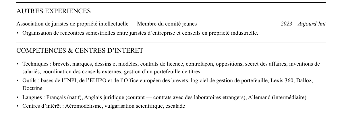 CV juriste en propriété industrielle : compétences et centres d’intérêt