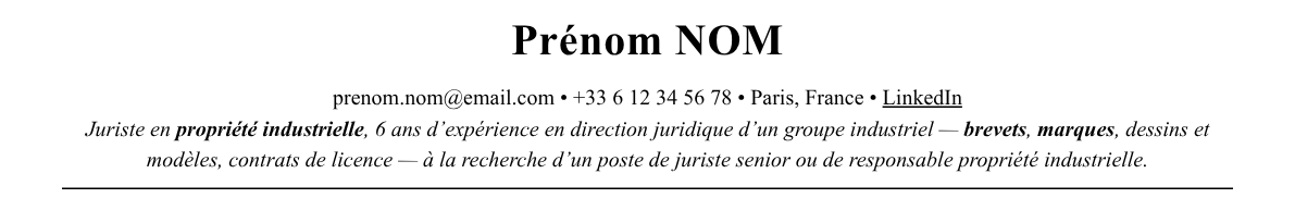 CV juriste en propriété industrielle : en-tête et accroche