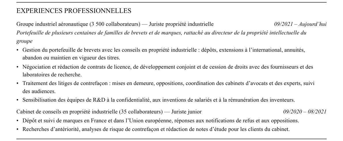 CV juriste en propriété industrielle : expériences