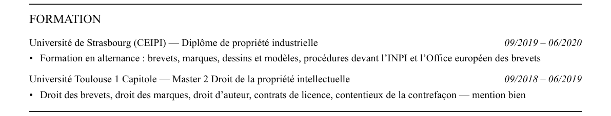 CV juriste en propriété industrielle : formation