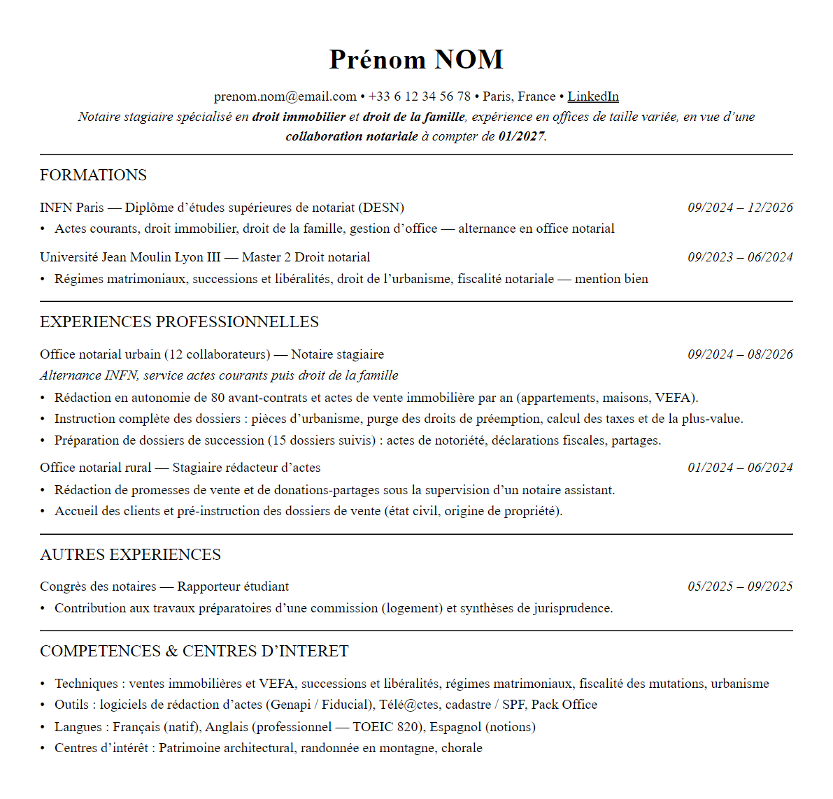 CV notaire complet sur une page
